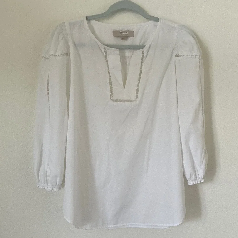 LOFT White Cotton Ladder Lace Balloon Sleeve Blouse Womens Medium Split Neck